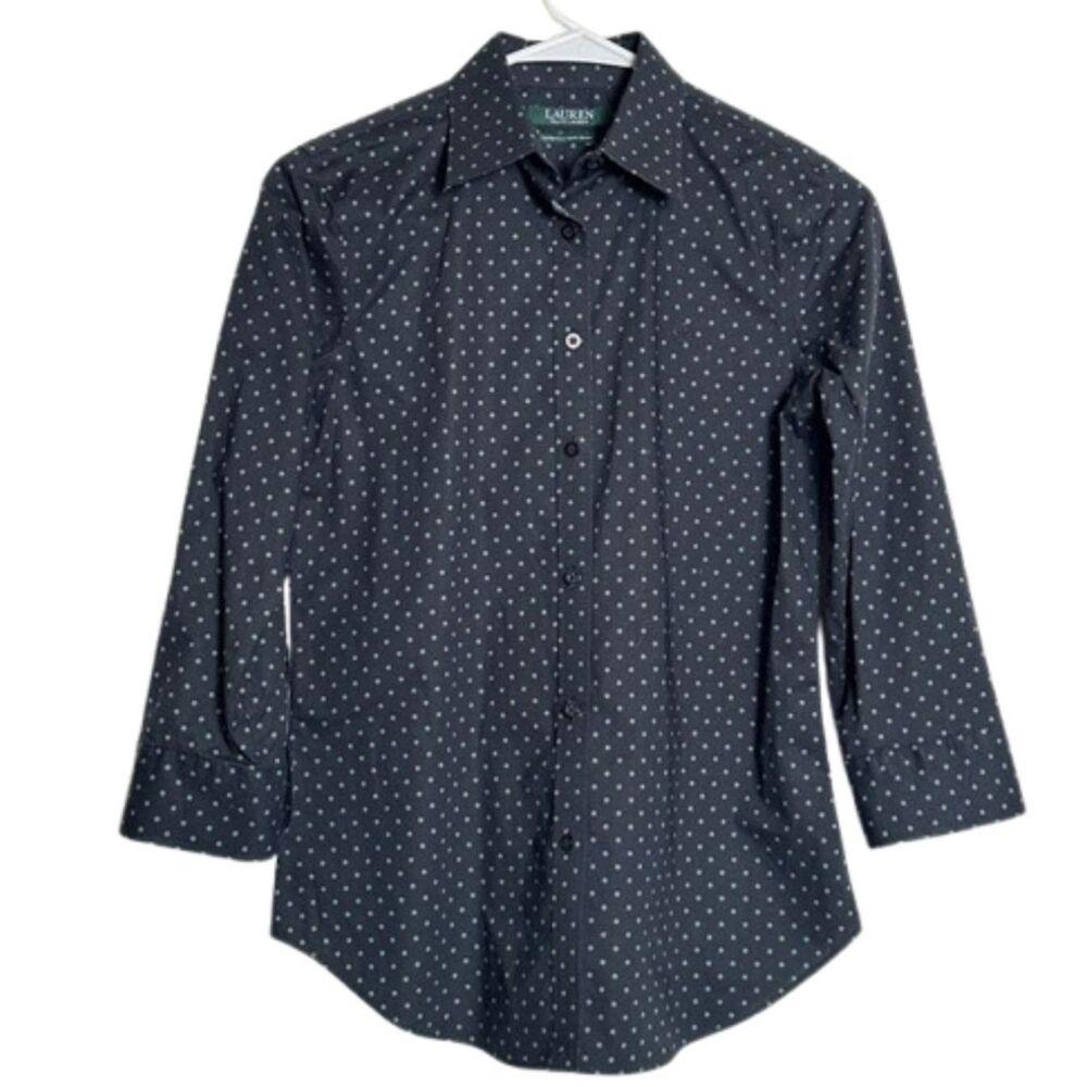 Lauren Ralph Lauren Polka Dot Button Down Shirt Womens XS No Iron 3/4 Preppy